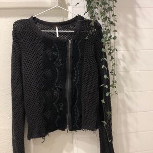 Free People Grey Lace Embroidered Sweater Jacket